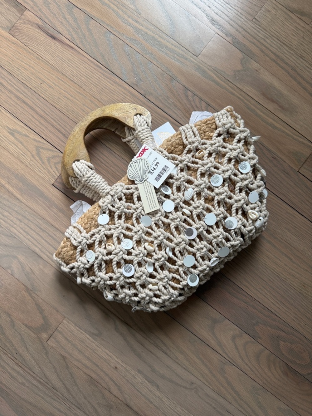 Handwoven Cream Macramé Tote with Wooden Handles